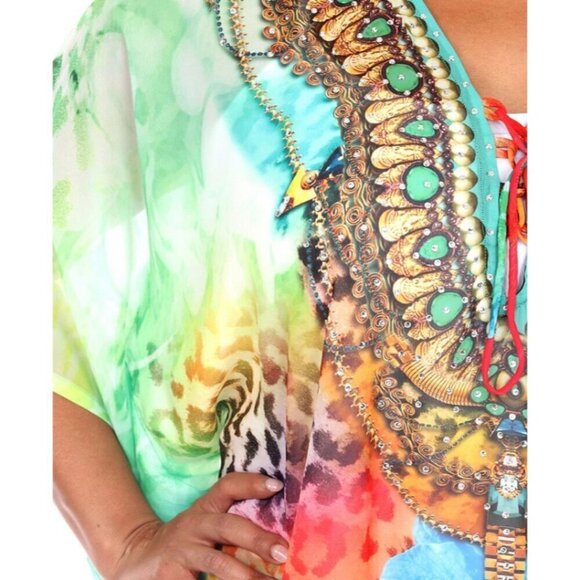WHITE MARK Plus Size Short Bright and Colorful Caftan with Tie-Up Neckline NWT - Picture 5 of 7